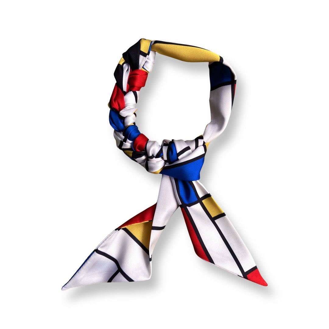Mondrian Skinny Twill Scarf Composition with Red, Blue and Yellow 6cm x 140cm