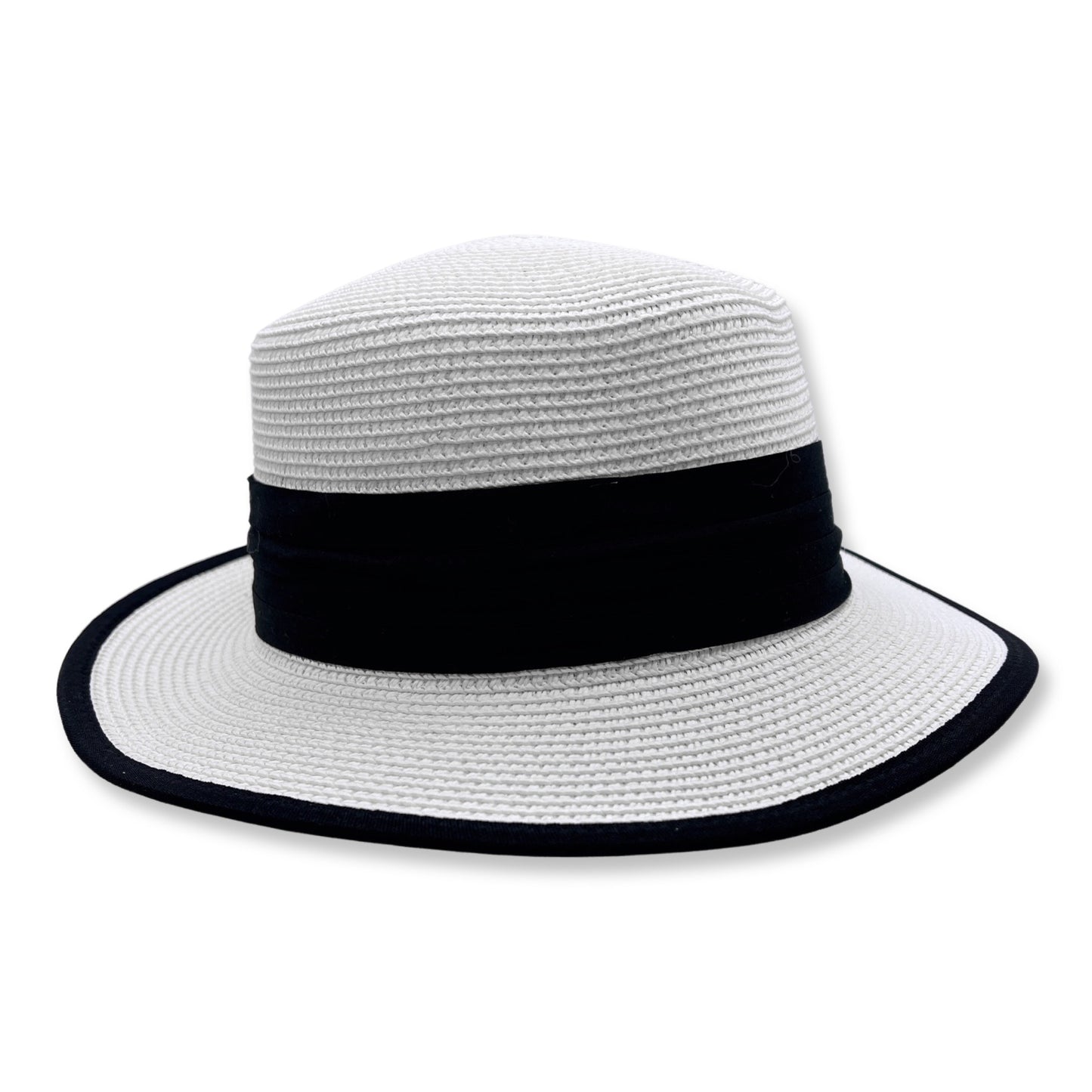 Elegant White Straw Hat with Black Trims & Faux Pearl Decor