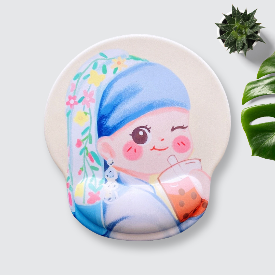 Comfortable Ergonomic Mouse Pad, Hand Wrist Support Rest Cushion, Bubble Tea Girl with a pearl earring