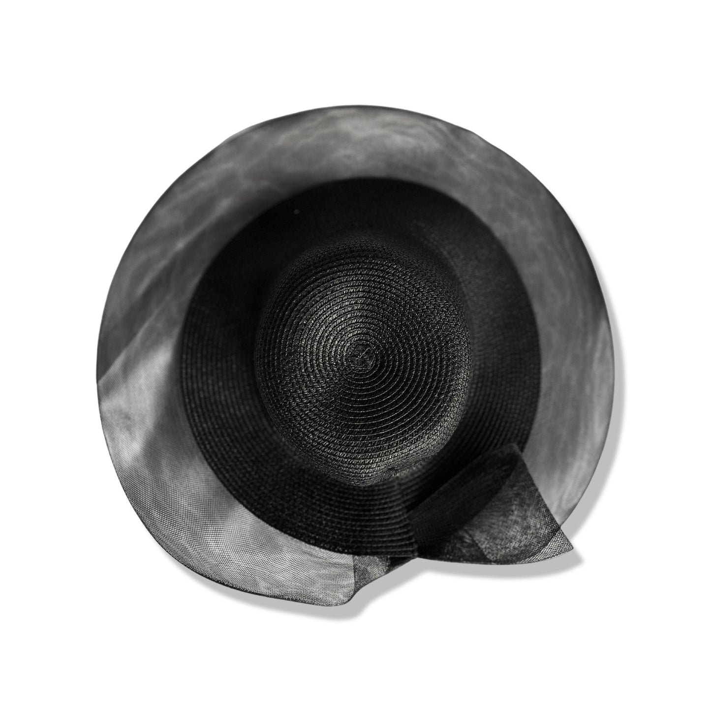 Large Elegant Black Straw Hat with Beautiful Voile Brim and Tie Knot Bow