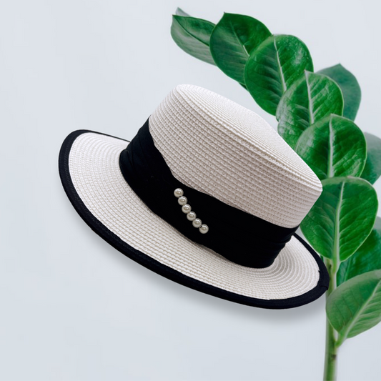 Elegant White Straw Hat with Black Trims & Faux Pearl Decor