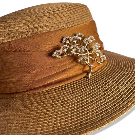 Classic Boater Straw Hat with Ribbon Light Brown and Japanese Pine Brooch