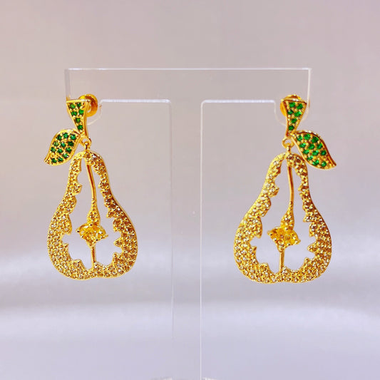 Fruity Leafy Pears Earrings with Dazzling Rhinestones