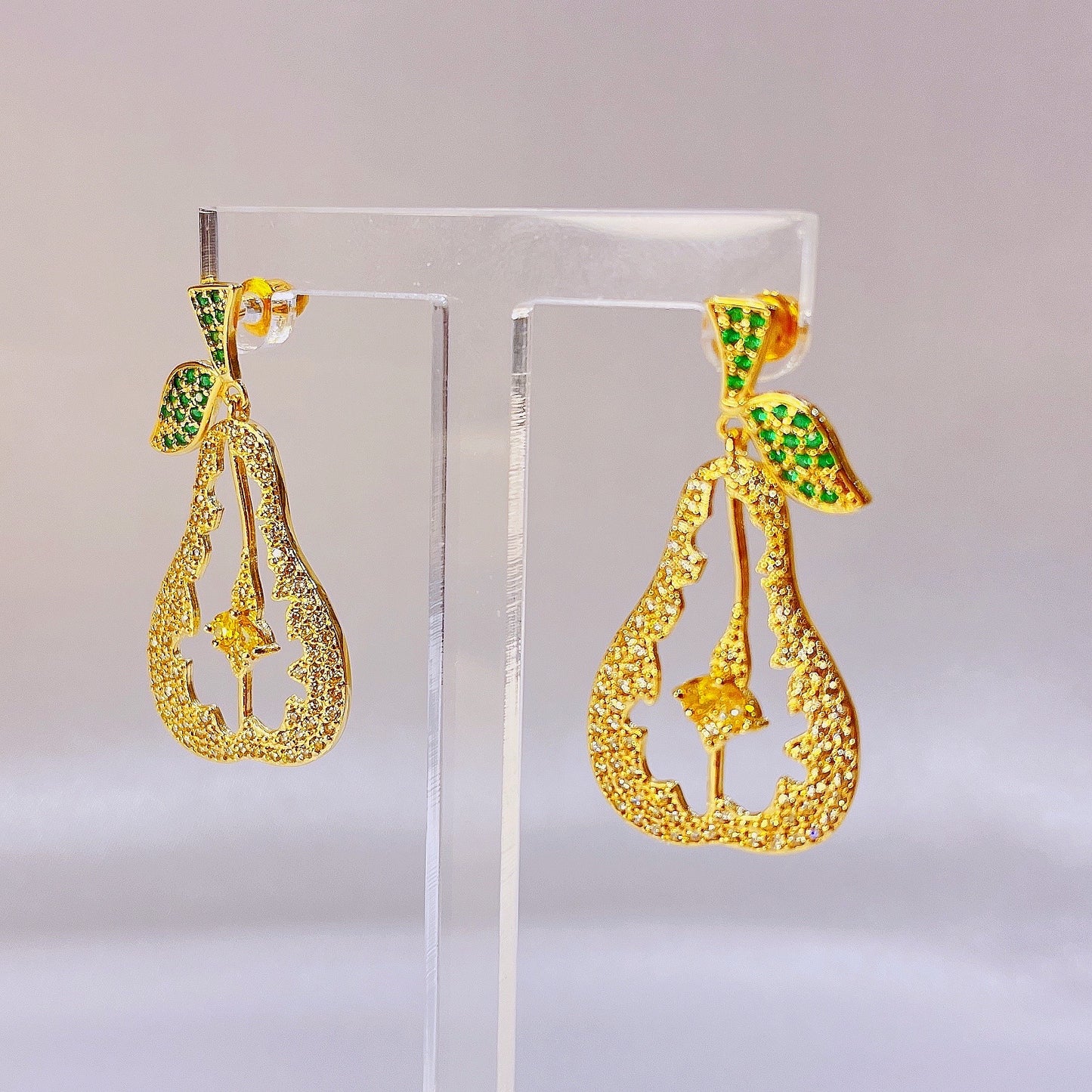 Fruity Leafy Pears Earrings with Dazzling Rhinestones