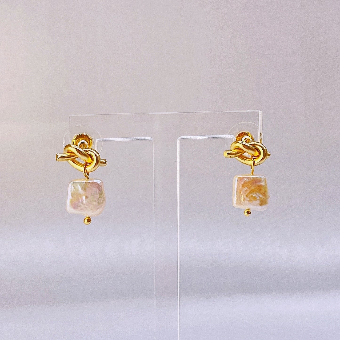 Natural Square Pearl Knot Earrings