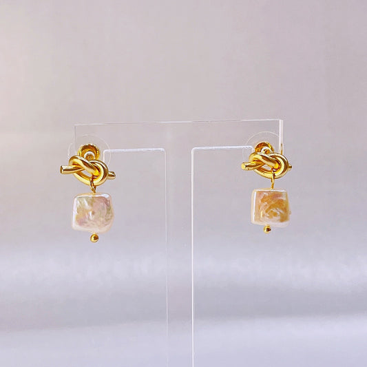 Natural Square Pearl Knot Earrings