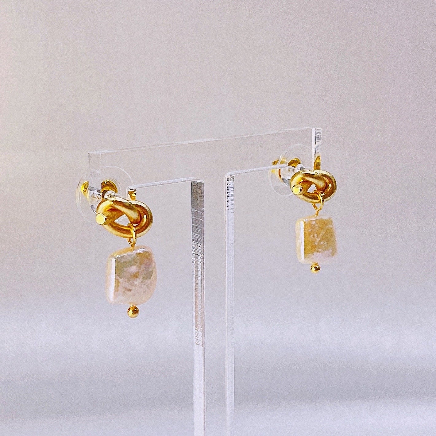 Natural Square Pearl Knot Earrings