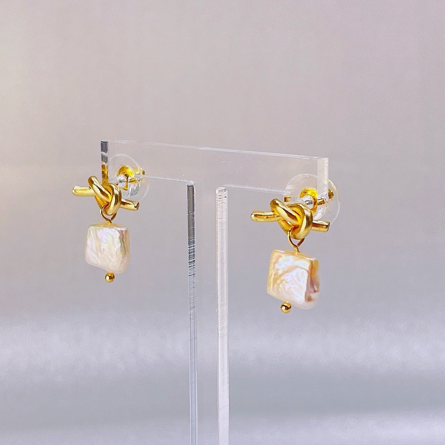 Natural Square Pearl Knot Earrings