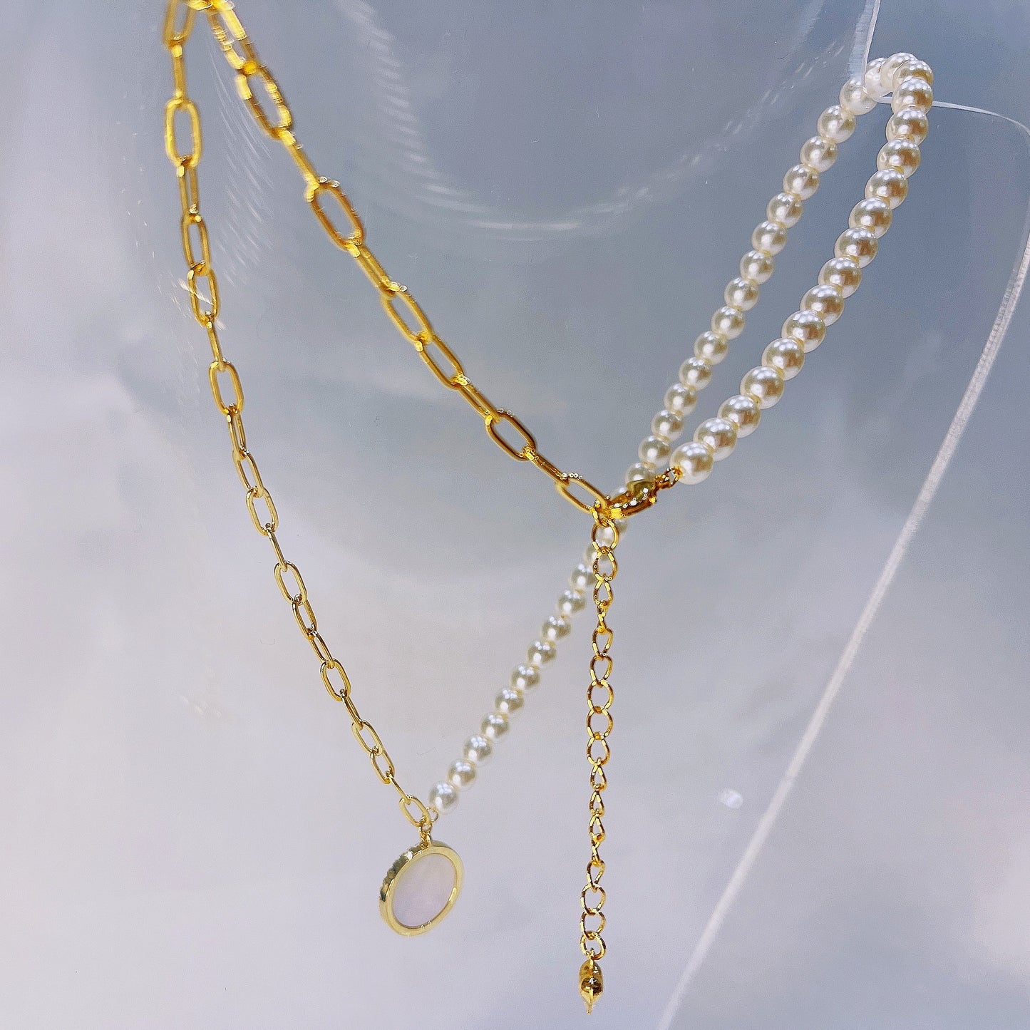 Girl with a Pearl Earring inspired golden chain Necklace Earrings Studs Bracelet with mother of pearl disc