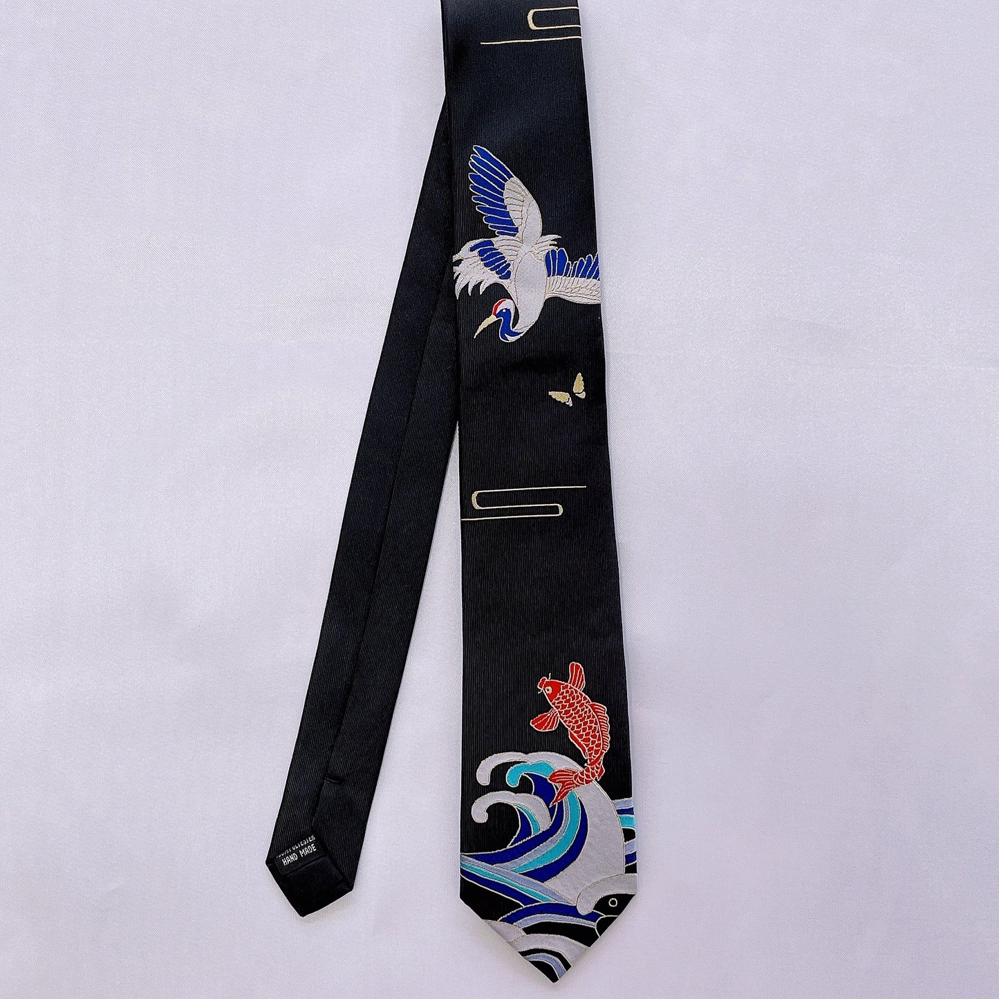 Crane Koi Fish and Ocean Wave Tie