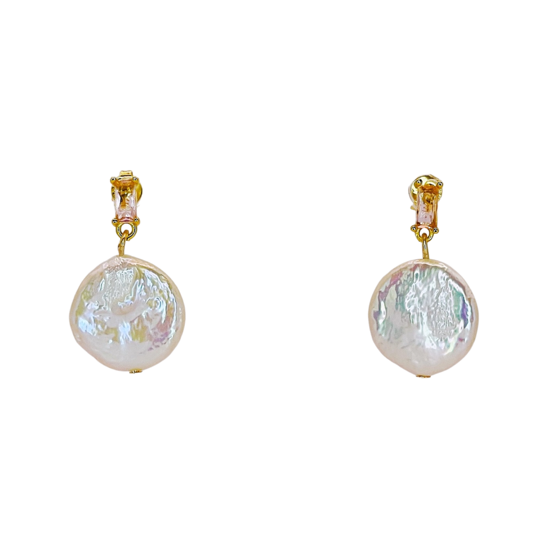 Large Button Pearl Earrings with Pink Rhinestons