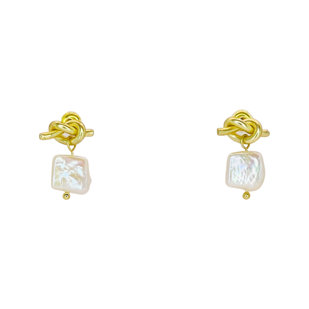 Natural Square Pearl Knot Earrings