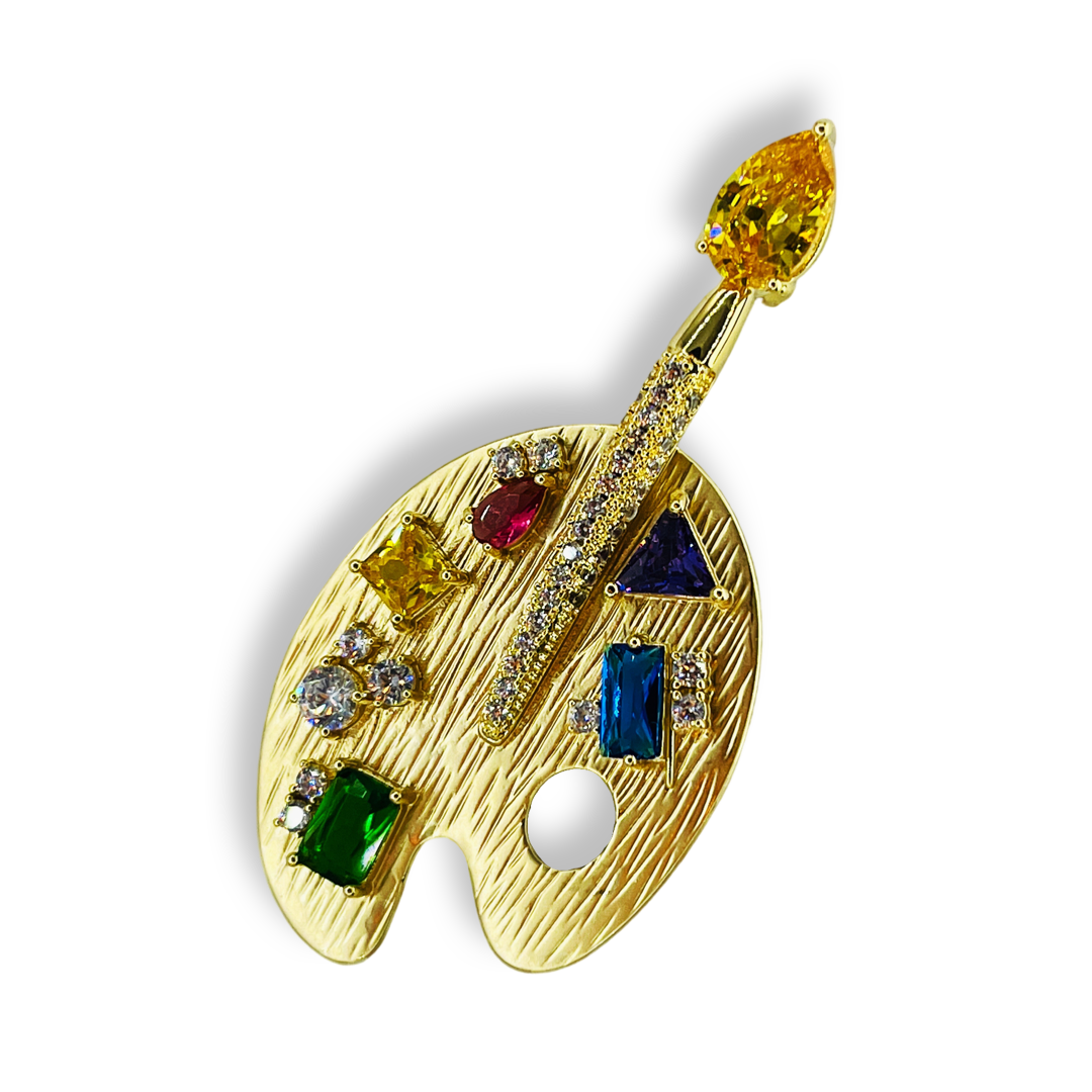 Gold Plated Artist Drawing Palette Brooch with Rainbow Rhinestones