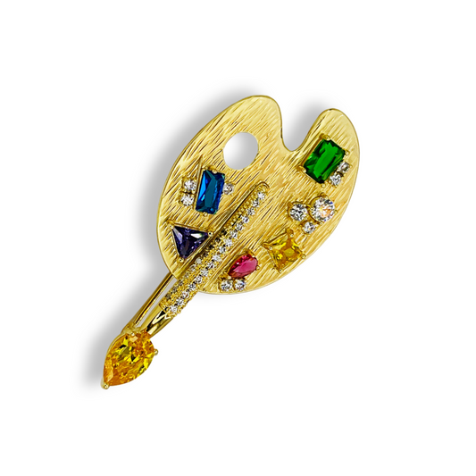 Gold Plated Artist Drawing Palette Brooch with Rainbow Rhinestones