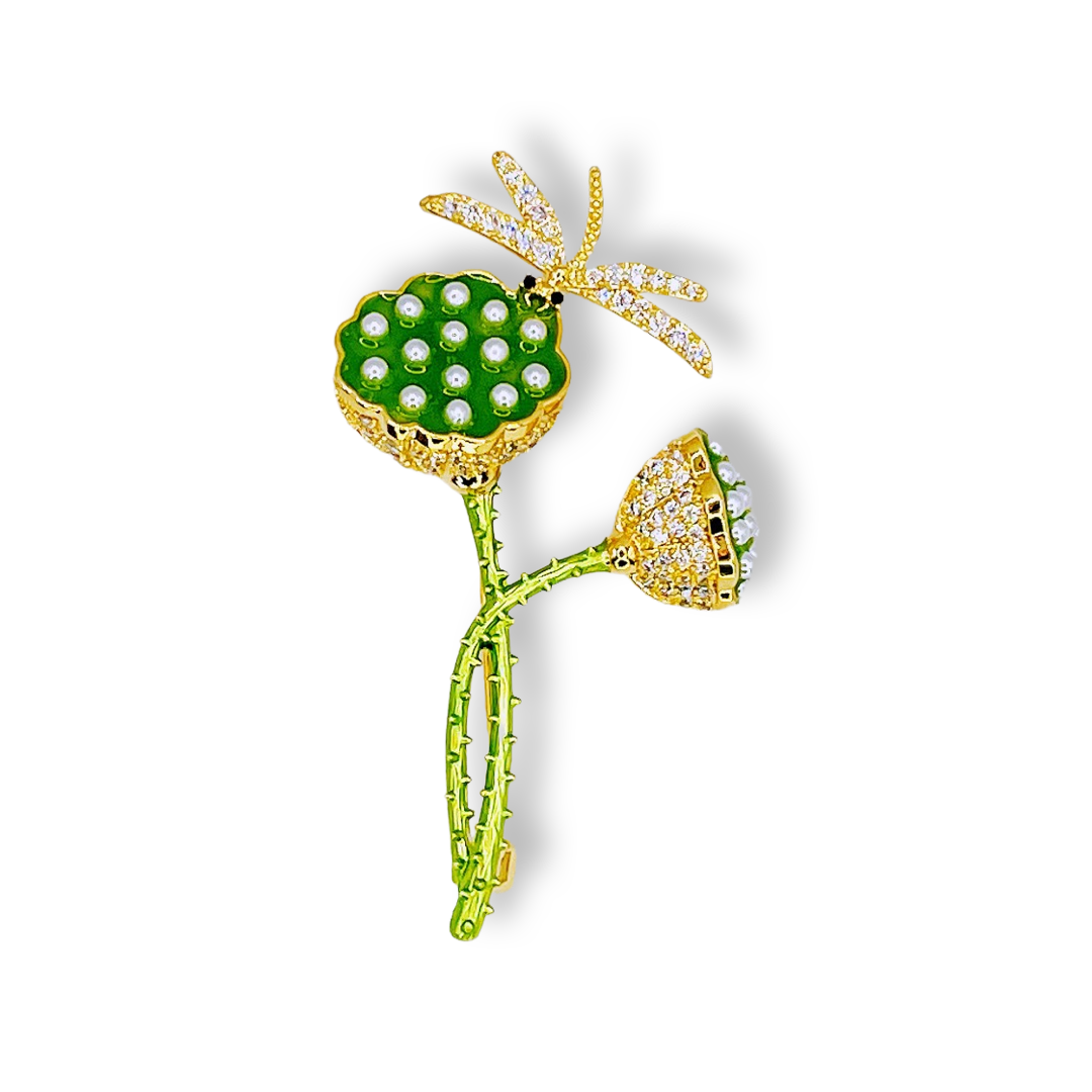 Dragonfly & Lotus Seed Pod Brooch with Fine Enamel & Rhinestones