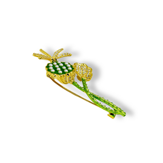 Dragonfly & Lotus Seed Pod Brooch with Fine Enamel & Rhinestones