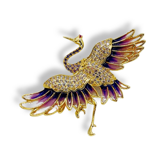 Purple Crane Enamel Brooch with Rhinestone & Enamel