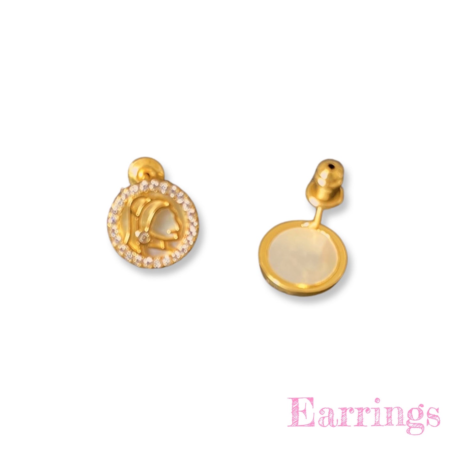 Girl with a Pearl Earring inspired golden chain Necklace Earrings Studs Bracelet with mother of pearl disc