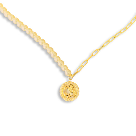 Girl with a Pearl Earring inspired golden chain Necklace Earrings Studs Bracelet with mother of pearl disc