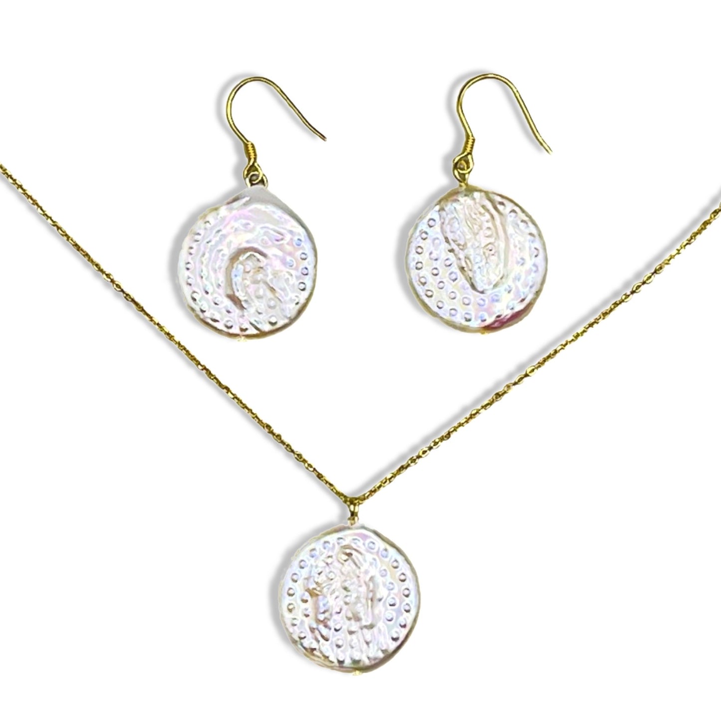 Extra Large Button Natural Pearl 20-21mm Gold Plated S925 Silver Necklace & Earrings