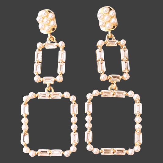 Baroque Art Frame Earrings Set with Faux Pearls & Cubic Zirconia