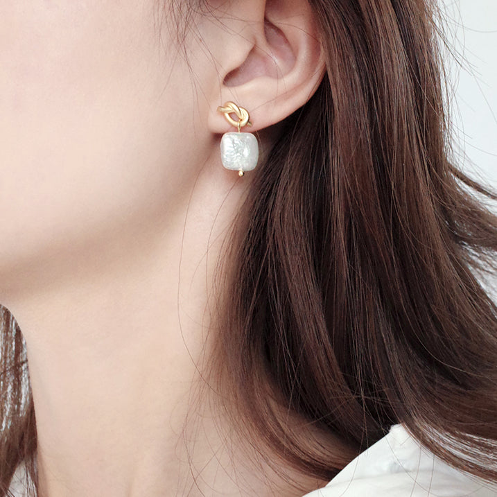 Natural Square Pearl Knot Earrings