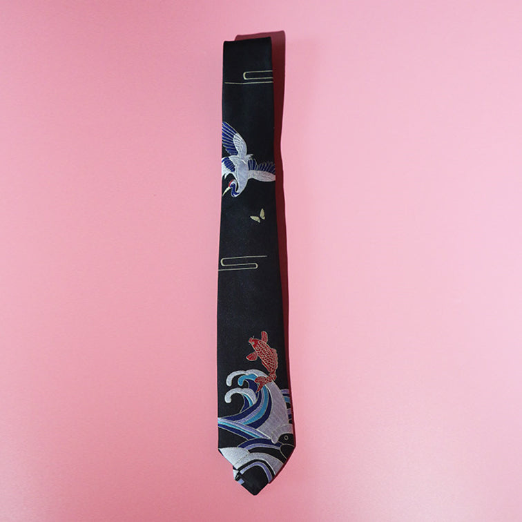 Crane Koi Fish and Ocean Wave Tie