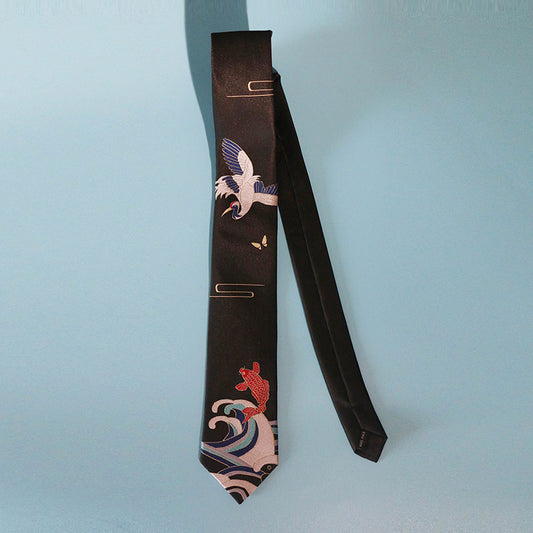 Crane Koi Fish and Ocean Wave Tie