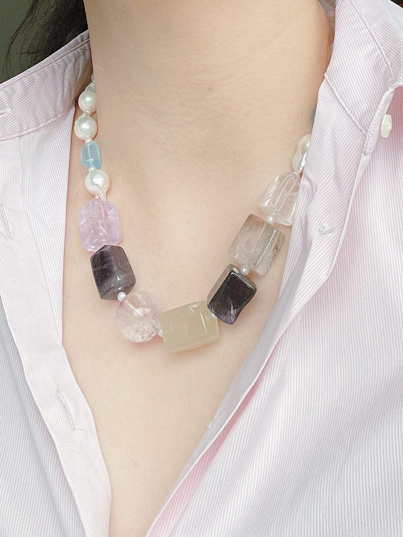 One-of-a-Kind Pastel Gem Necklace with Baroque Pearls (925 Silver Clasp)