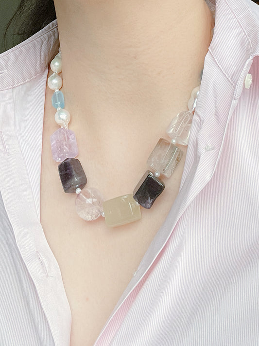 One-of-a-Kind Pastel Gem Necklace with Baroque Pearls (925 Silver Clasp)