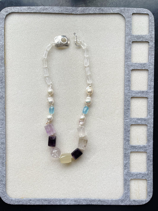 One-of-a-Kind Pastel Gem Necklace with Baroque Pearls (925 Silver Clasp)