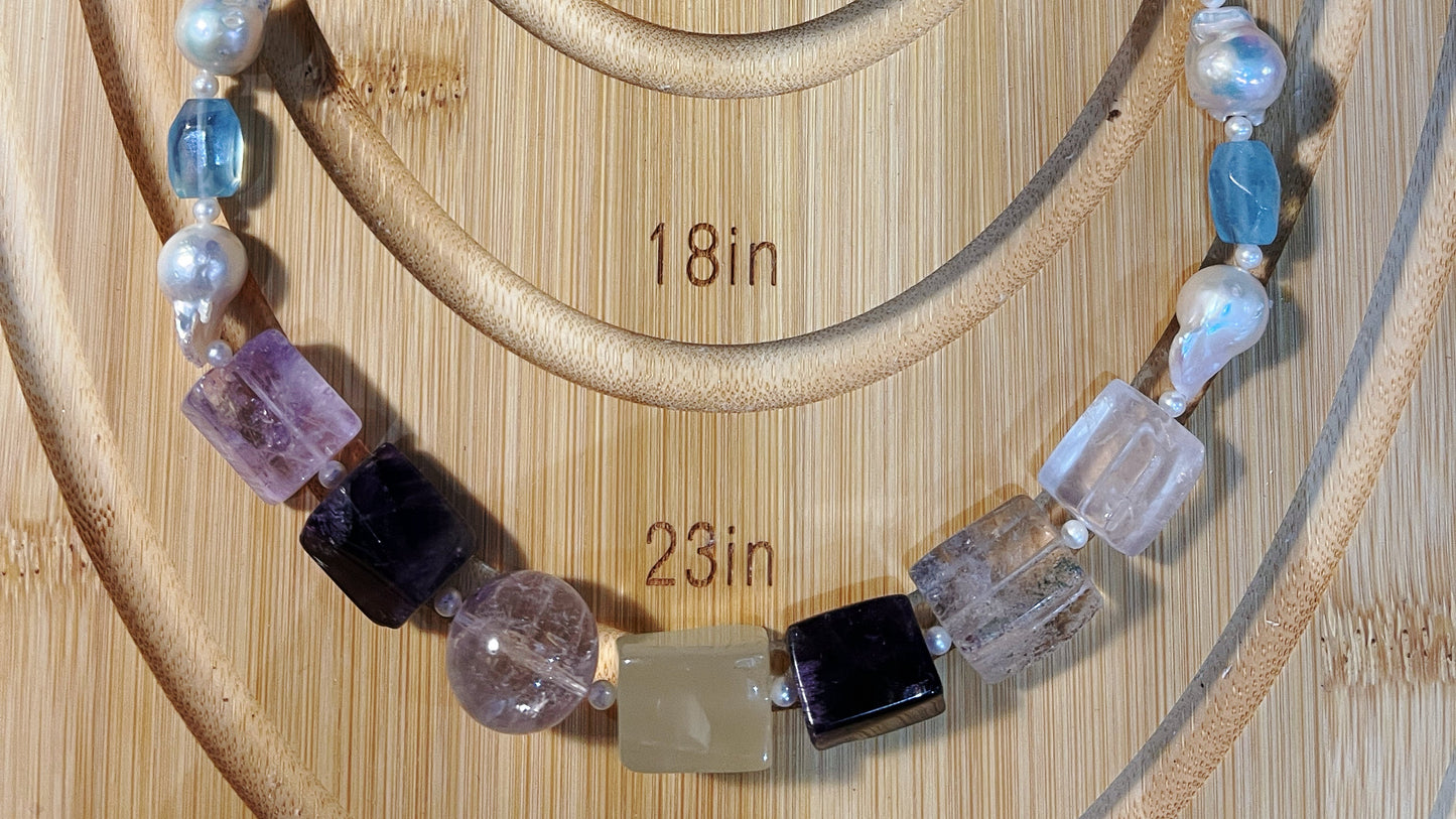 One-of-a-Kind Pastel Gem Necklace with Baroque Pearls (925 Silver Clasp)