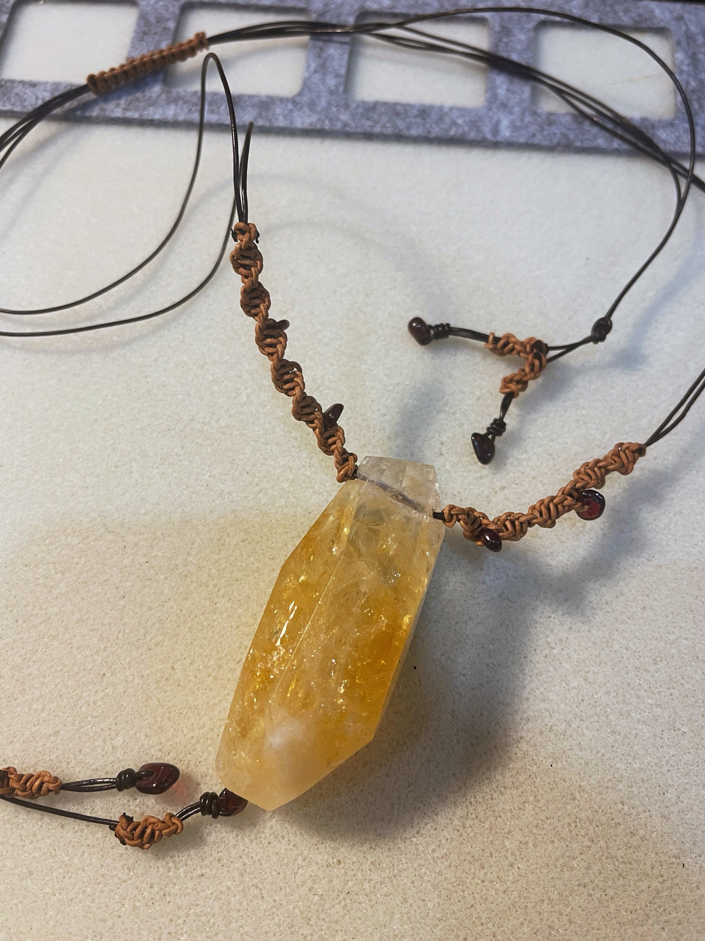 Citrine & Garnet Talisman Necklace (Leather Cord, Adjustable)