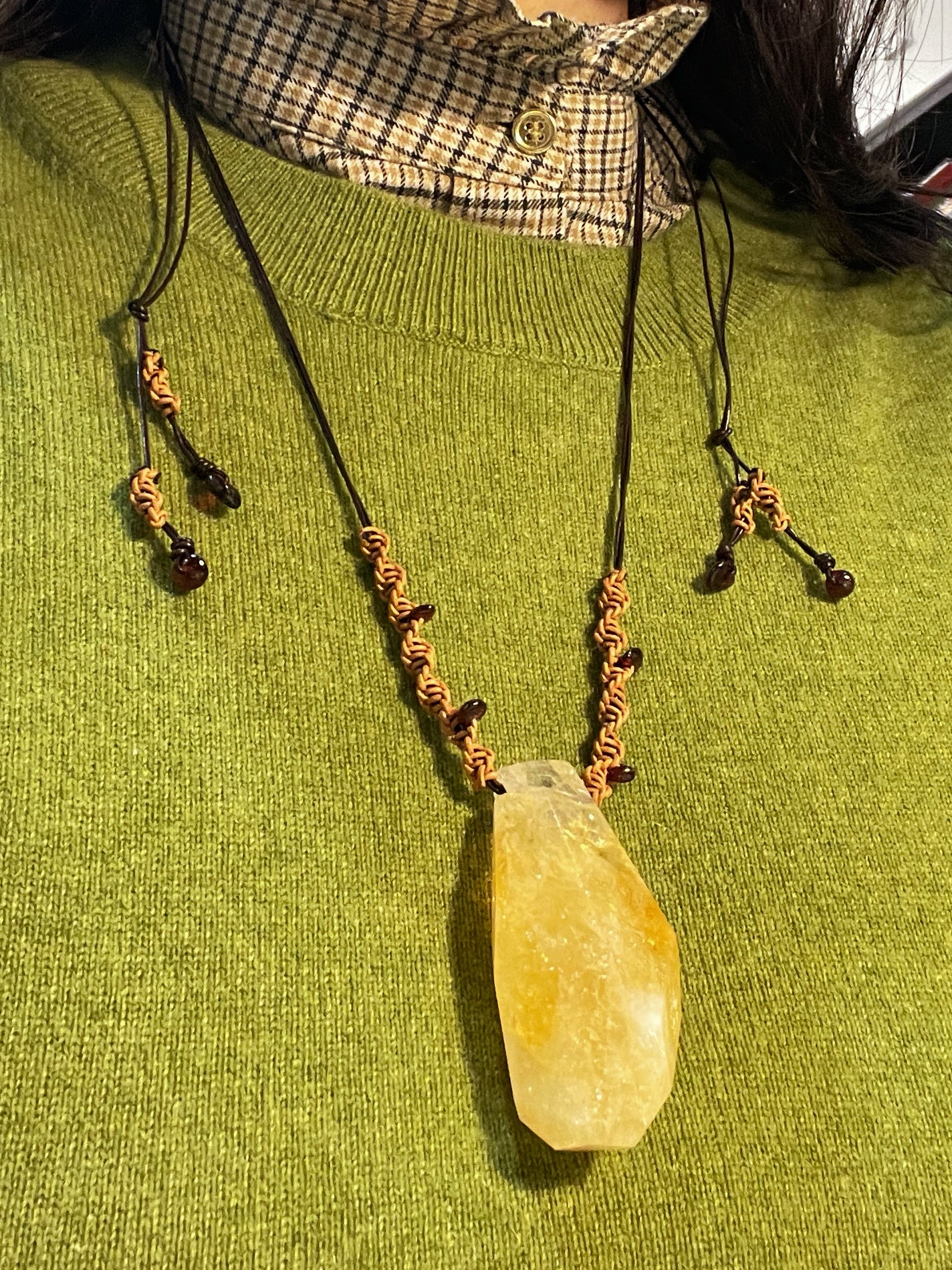 Citrine & Garnet Talisman Necklace (Leather Cord, Adjustable)