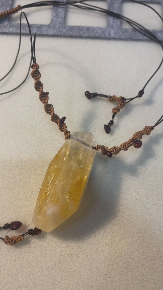 Citrine & Garnet Talisman Necklace (Leather Cord, Adjustable)