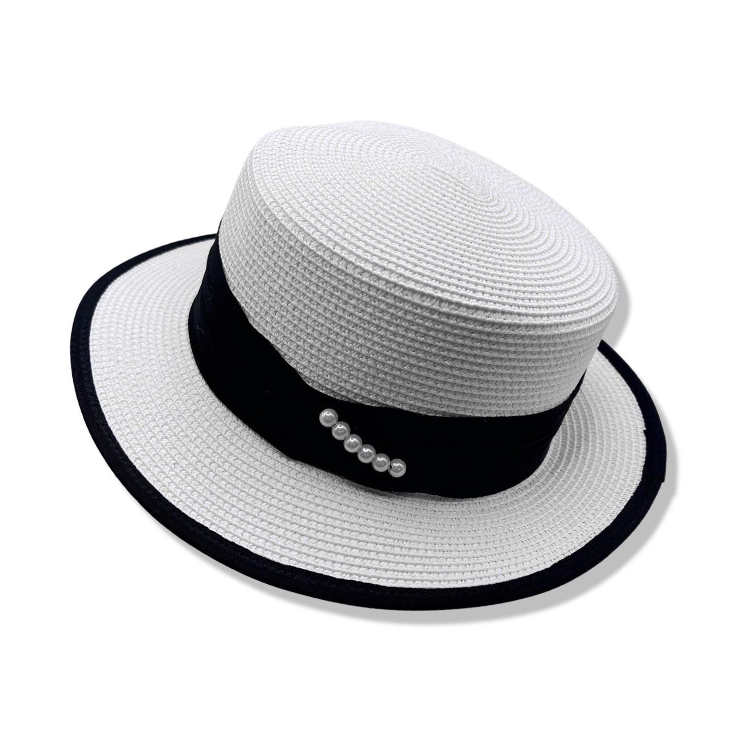 Elegant White Straw Hat with Black Trims & Faux Pearl Decor