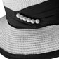 Elegant White Straw Hat with Black Trims & Faux Pearl Decor