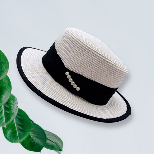 Elegant White Straw Hat with Black Trims & Faux Pearl Decor