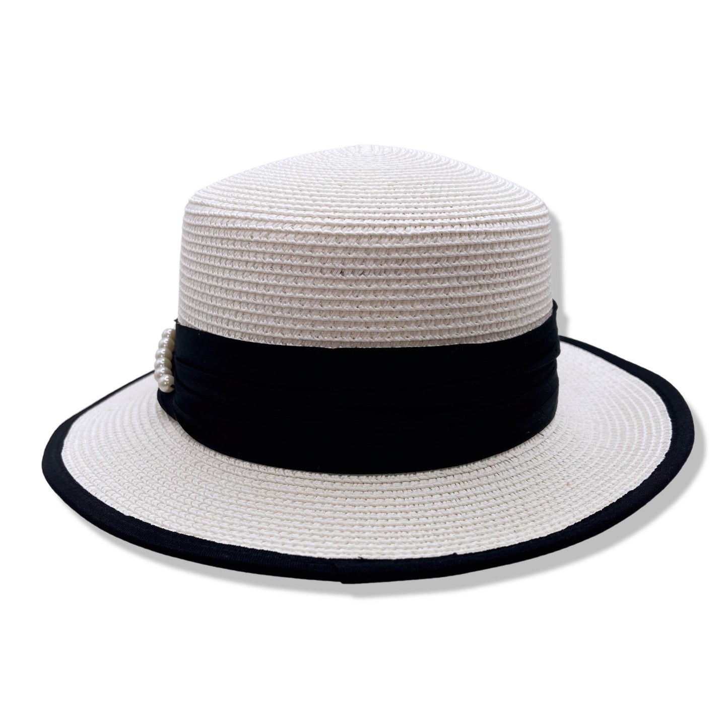 Elegant White Straw Hat with Black Trims & Faux Pearl Decor