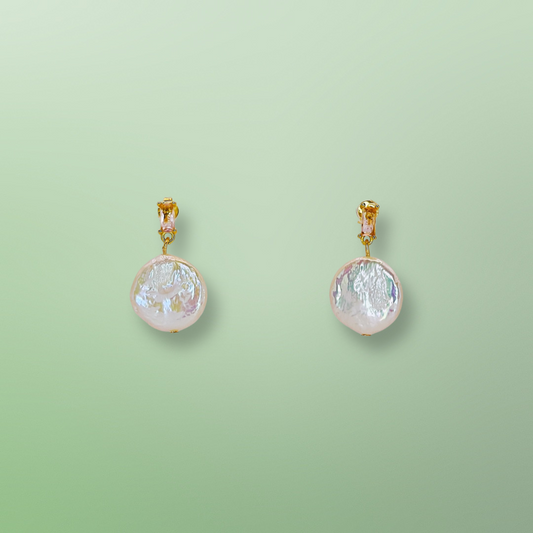 Large Button Pearl Earrings with Pink Rhinestons