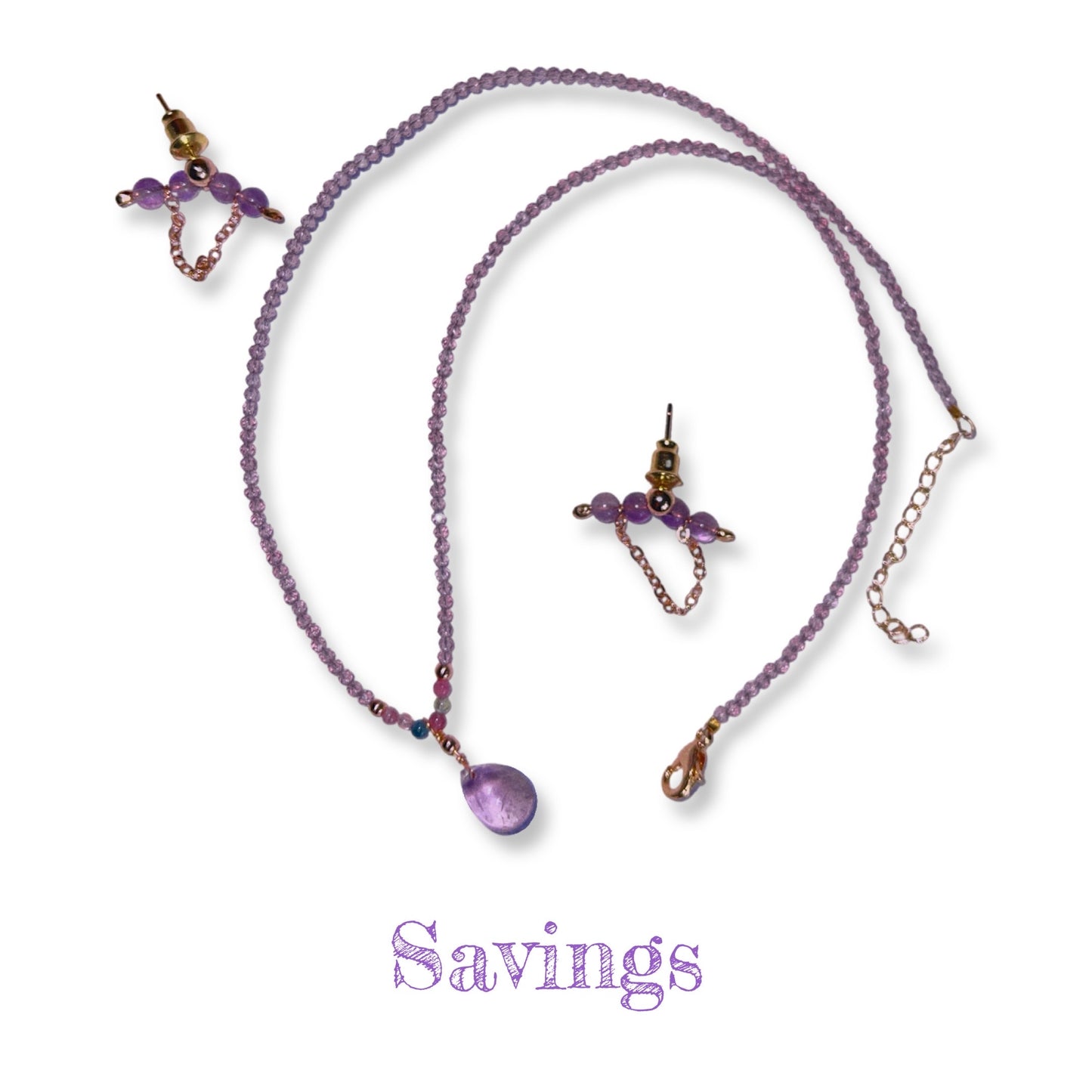 Healing Stone Tourmaline Amethyst Waterdrop Tiny Bead Necklace Earrings Studs