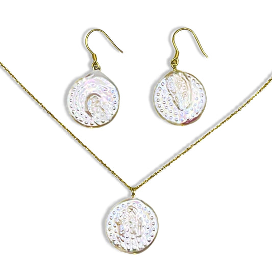 Extra Large Button Natural Pearl 20-21mm Gold Plated S925 Silver Necklace & Earrings