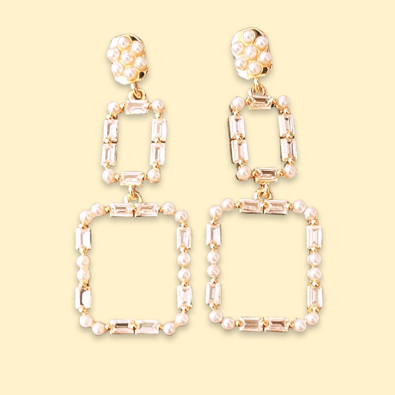 Baroque Art Frame Earrings Set with Faux Pearls & Cubic Zirconia